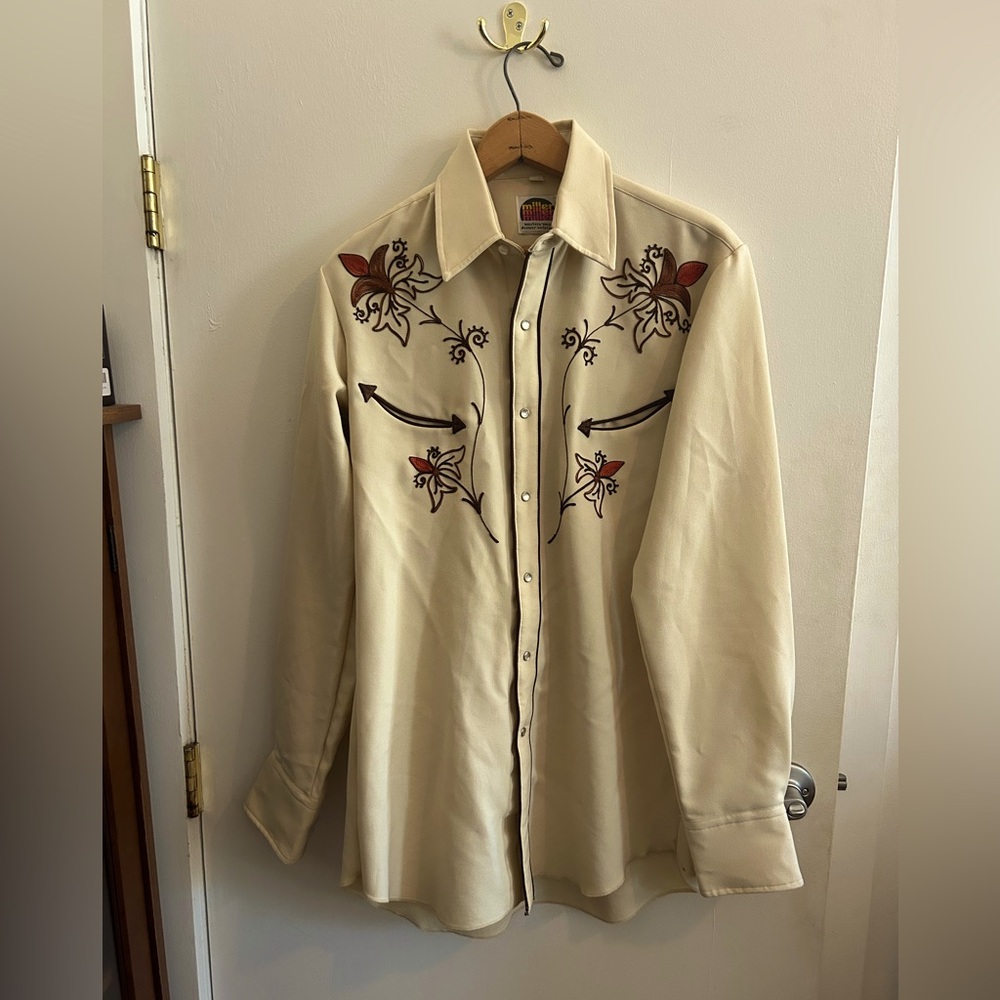 Cream Western Embroidered Dress Shirt